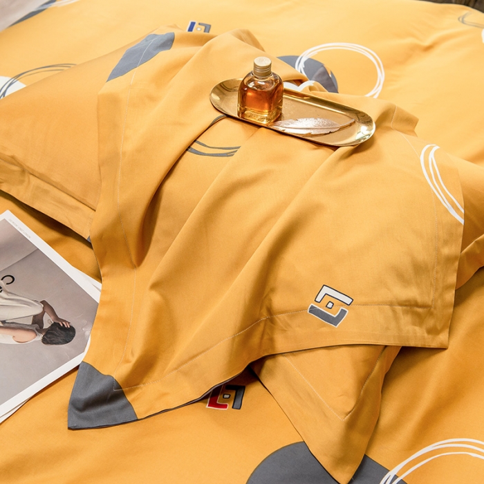 91家纺网 家纺一手货源 找家纺 品乐 2023新100支云锦臻丝高清数码长绒棉四件套 圆融黄