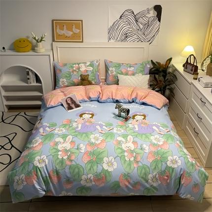 91家纺网 家纺一手货源 找家纺 798家纺 2022新款全棉水洗棉四件套 草莓女孩