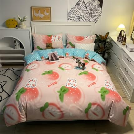 91家纺网 家纺一手货源 找家纺 798家纺 2022新款全棉水洗棉四件套 草莓兔