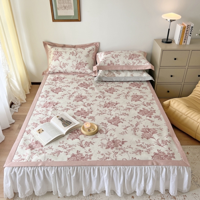 91家纺网 家纺一手货源 找家纺 时年 2022新款水洗冰露丝养生席凉席 莫奈-粉