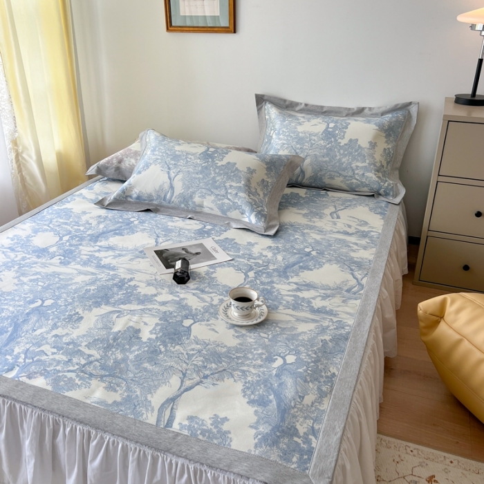 91家纺网 家纺一手货源 找家纺 时年 2022新款水洗冰露丝养生席凉席 伊纹-蓝