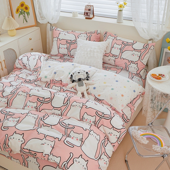 91家纺网 家纺一手货源 找家纺 一米阳光 2022新款13070全棉四件套 可爱喵