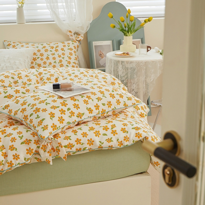 91家纺网 家纺一手货源 找家纺 一米阳光 2022新款镶边兔耳朵工艺款系列四件套 朵橘