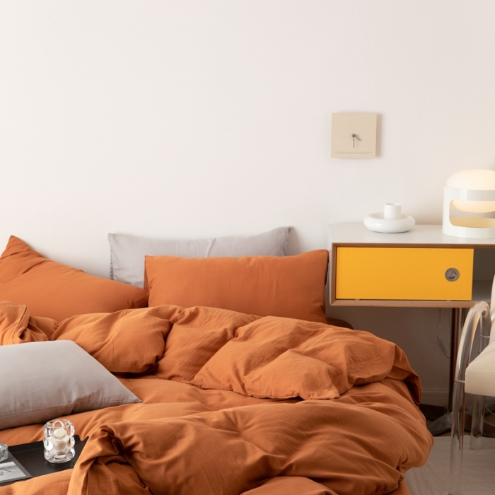 91家纺网 家纺一手货源 找家纺 8小时家纺 2022新款全棉双层纱四件套 焦糖色