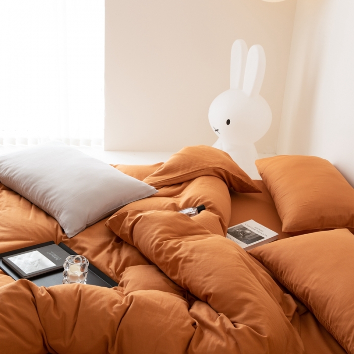 91家纺网 家纺一手货源 找家纺 8小时家纺 2022新款全棉双层纱四件套 焦糖色