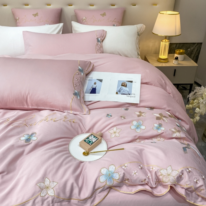 91家纺网 家纺一手货源 找家纺 安妮 2022新款全棉刺绣四件套 花颜悦色-粉