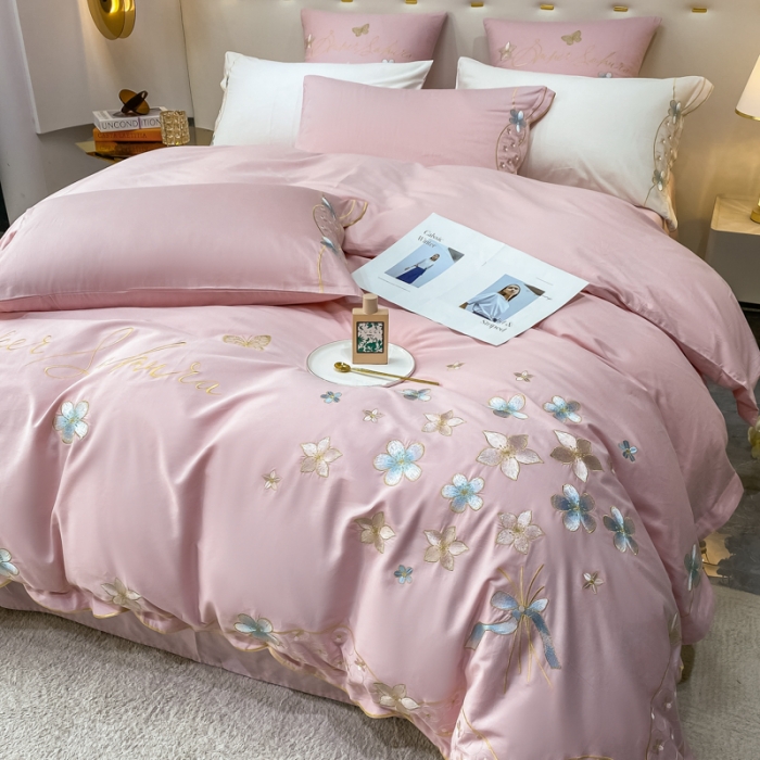 91家纺网 家纺一手货源 找家纺 安妮 2022新款全棉刺绣四件套 花颜悦色-粉