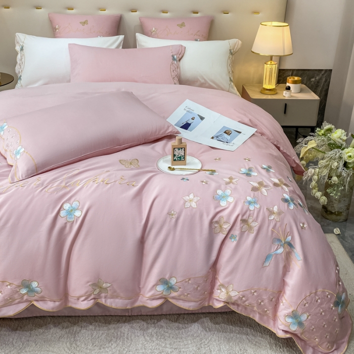 91家纺网 家纺一手货源 找家纺 安妮 2022新款全棉刺绣四件套 花颜悦色-粉