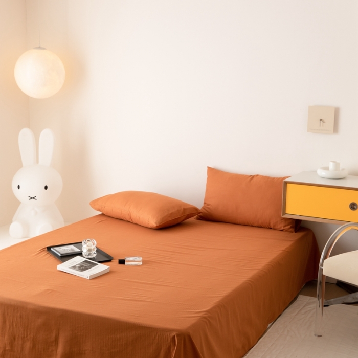 91家纺网 家纺一手货源 找家纺 8小时家纺 2022新款全棉双层纱单品床单 焦糖色