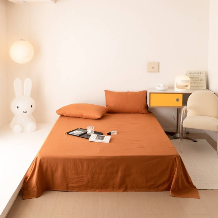 91家纺网 家纺一手货源 找家纺 8小时家纺 2022新款全棉双层纱单品床单 焦糖色