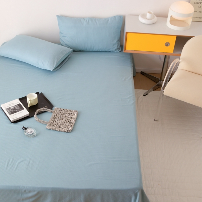 91家纺网 家纺一手货源 找家纺 8小时家纺 2022新款全棉双层纱单品床单 孔雀蓝