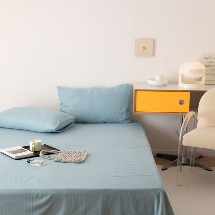 91家纺网 家纺一手货源 找家纺 8小时家纺 2022新款全棉双层纱单品床单 孔雀蓝