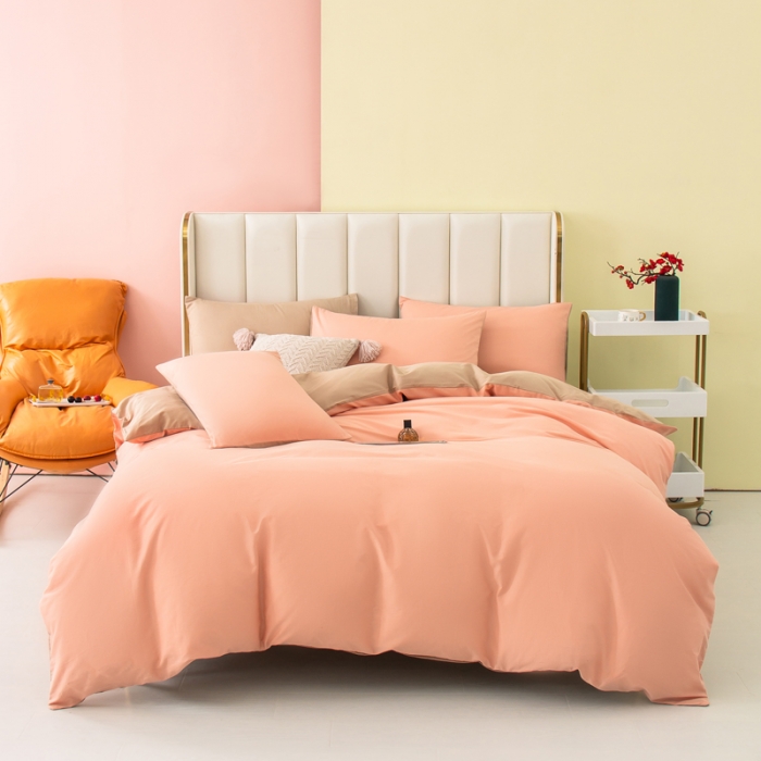 91家纺网 家纺一手货源 找家纺 柠萌2022新款全棉40支纯棉纯色双拼系列四件套 粉玉+卡其