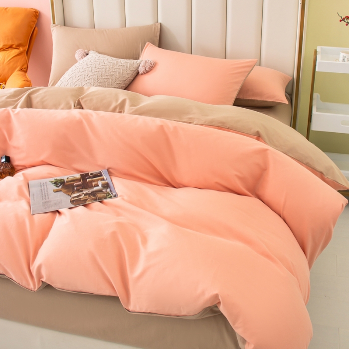 91家纺网 家纺一手货源 找家纺 柠萌2022新款全棉40支纯棉纯色双拼系列四件套 粉玉+卡其