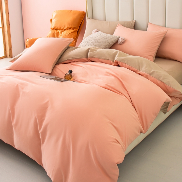 91家纺网 家纺一手货源 找家纺 柠萌2022新款全棉40支纯棉纯色双拼系列四件套 粉玉+卡其