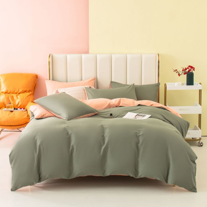 91家纺网 家纺一手货源 找家纺 柠萌2022新款全棉40支纯棉纯色双拼系列四件套 军绿+粉玉