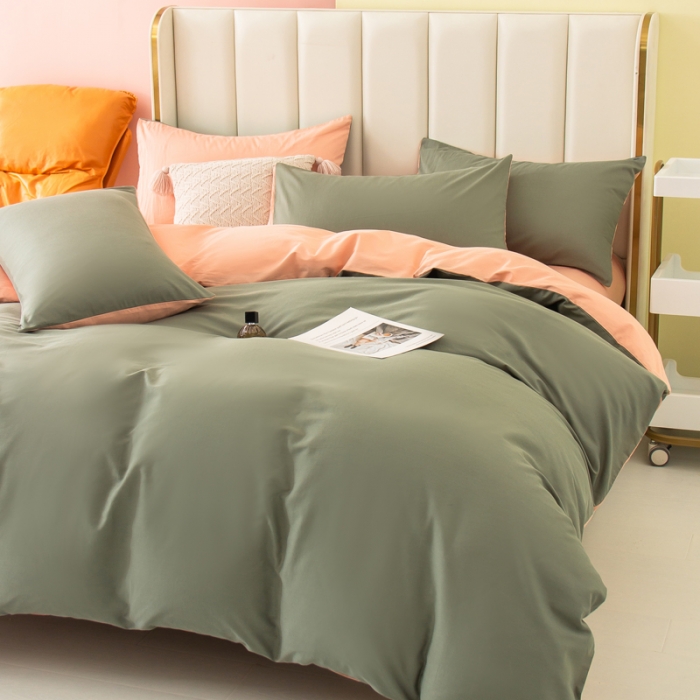 91家纺网 家纺一手货源 找家纺 柠萌2022新款全棉40支纯棉纯色双拼系列四件套 军绿+粉玉