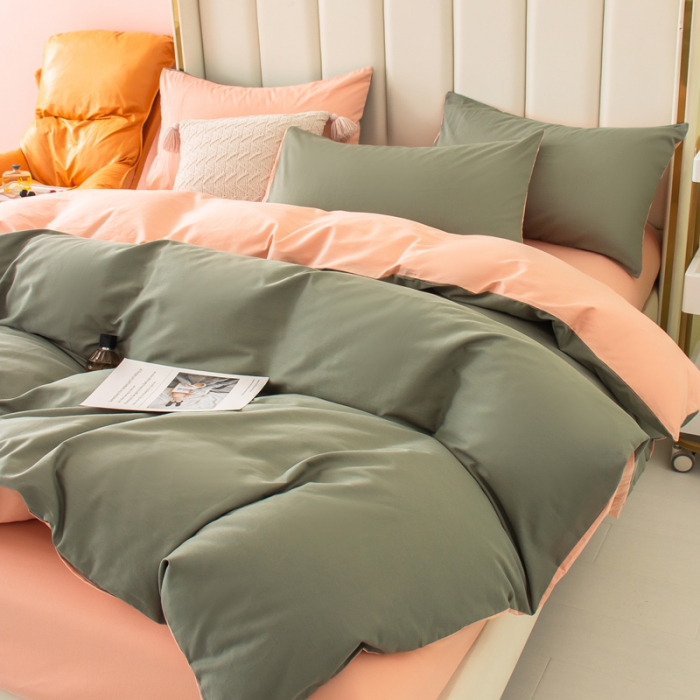 91家纺网 家纺一手货源 找家纺 柠萌2022新款全棉40支纯棉纯色双拼系列四件套 军绿+粉玉