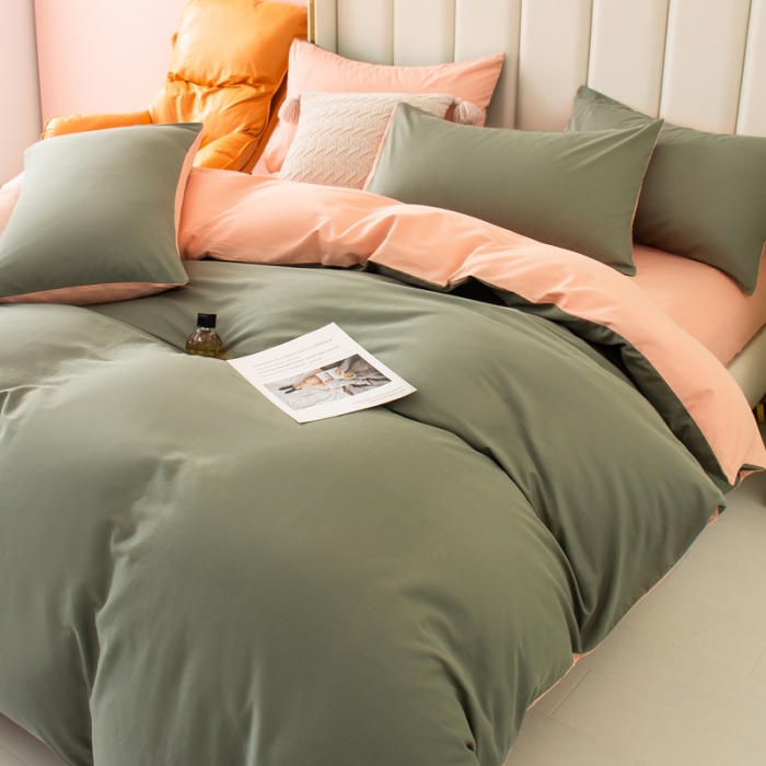 91家纺网 家纺一手货源 找家纺 柠萌2022新款全棉40支纯棉纯色双拼系列四件套 军绿+粉玉