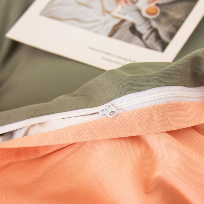 91家纺网 家纺一手货源 找家纺 柠萌2022新款全棉40支纯棉纯色双拼系列四件套 军绿+粉玉