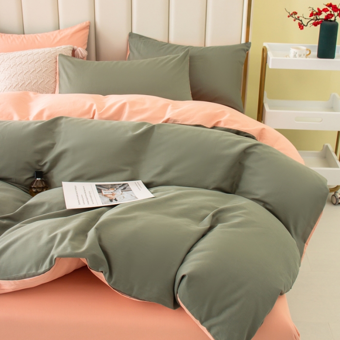 91家纺网 家纺一手货源 找家纺 柠萌2022新款全棉40支纯棉纯色双拼系列四件套 军绿+粉玉