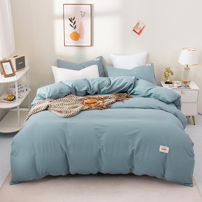 91家纺网 家纺一手货源 找家纺 柠萌2022新款全棉40支纯棉纯色双拼系列四件套 萌浅蓝