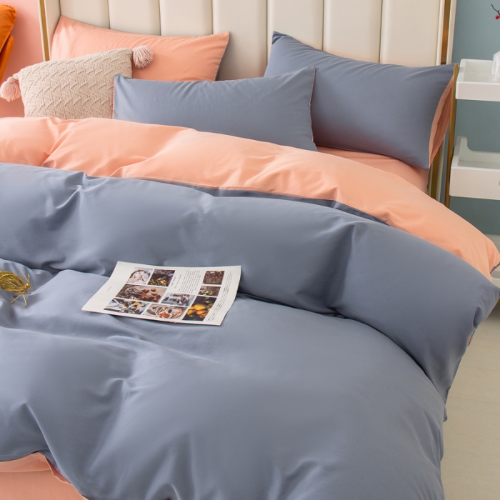 91家纺网 家纺一手货源 找家纺 柠萌2022新款全棉40支纯棉纯色双拼系列四件套 浅蓝+粉玉