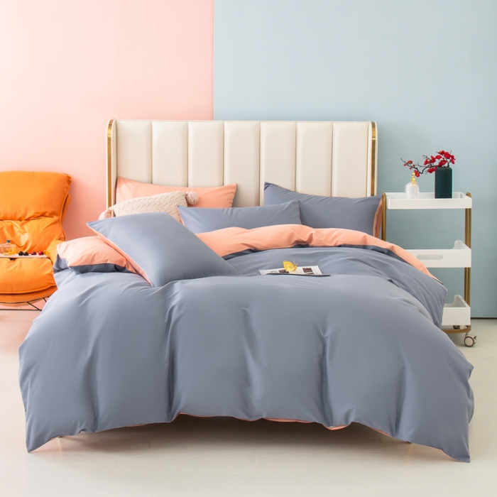 91家纺网 家纺一手货源 找家纺 柠萌2022新款全棉40支纯棉纯色双拼系列四件套 浅蓝+粉玉