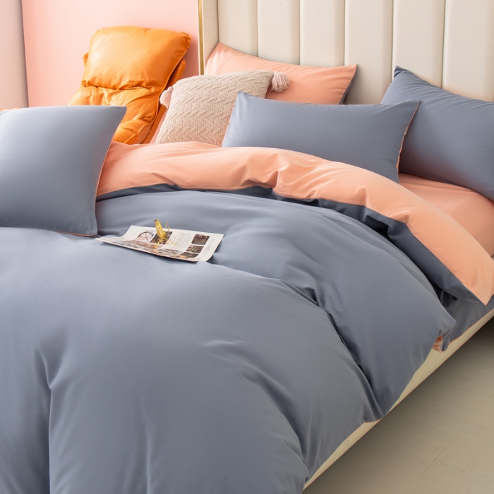 91家纺网 家纺一手货源 找家纺 柠萌2022新款全棉40支纯棉纯色双拼系列四件套 浅蓝+粉玉