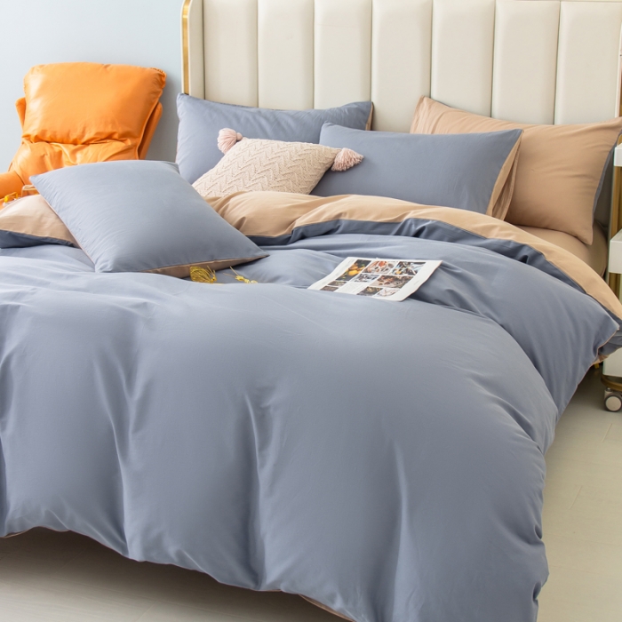 91家纺网 家纺一手货源 找家纺 柠萌2022新款全棉40支纯棉纯色双拼系列四件套 浅蓝+卡其