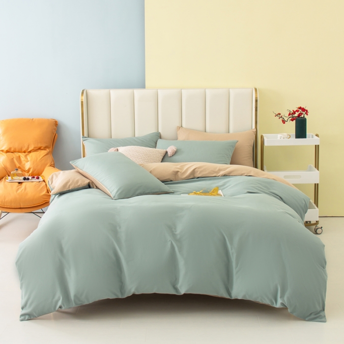 91家纺网 家纺一手货源 找家纺 柠萌2022新款全棉40支纯棉纯色双拼系列四件套 青色+卡其