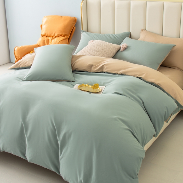 91家纺网 家纺一手货源 找家纺 柠萌2022新款全棉40支纯棉纯色双拼系列四件套 青色+卡其
