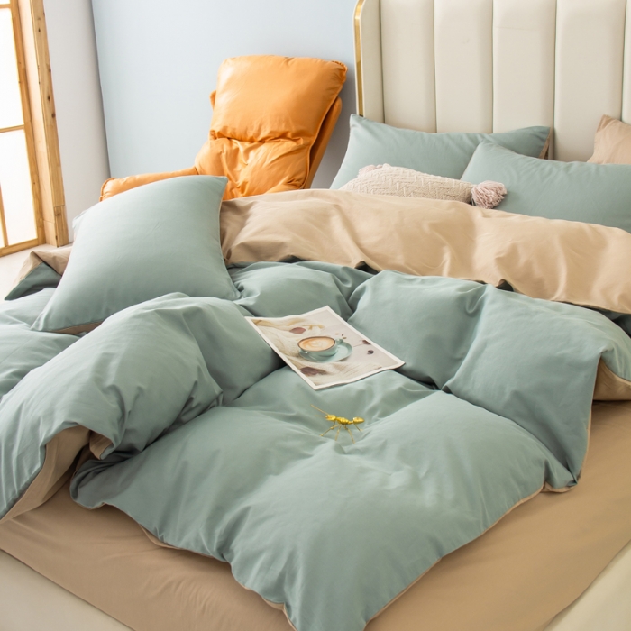 91家纺网 家纺一手货源 找家纺 柠萌2022新款全棉40支纯棉纯色双拼系列四件套 青色+卡其