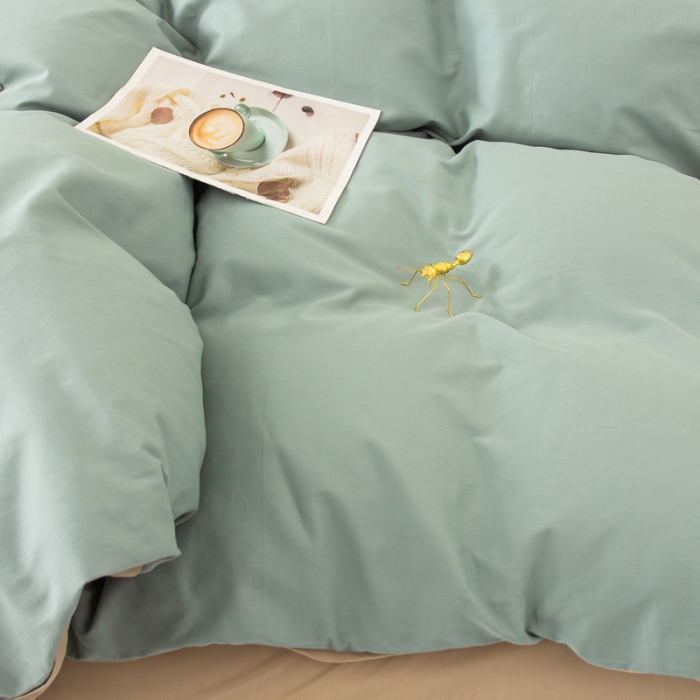 91家纺网 家纺一手货源 找家纺 柠萌2022新款全棉40支纯棉纯色双拼系列四件套 青色+卡其