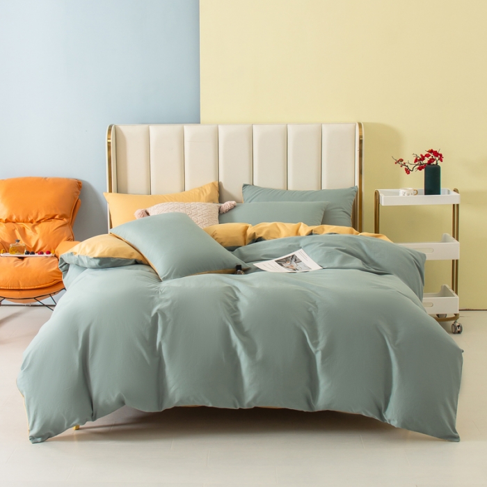 91家纺网 家纺一手货源 找家纺 柠萌2022新款全棉40支纯棉纯色双拼系列四件套 青色+浅黄