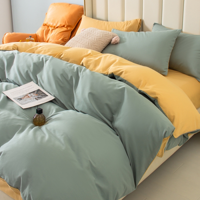 91家纺网 家纺一手货源 找家纺 柠萌2022新款全棉40支纯棉纯色双拼系列四件套 青色+浅黄