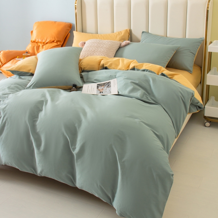 91家纺网 家纺一手货源 找家纺 柠萌2022新款全棉40支纯棉纯色双拼系列四件套 青色+浅黄
