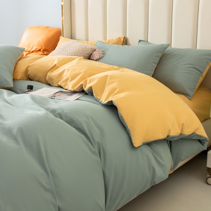 91家纺网 家纺一手货源 找家纺 柠萌2022新款全棉40支纯棉纯色双拼系列四件套 青色+浅黄