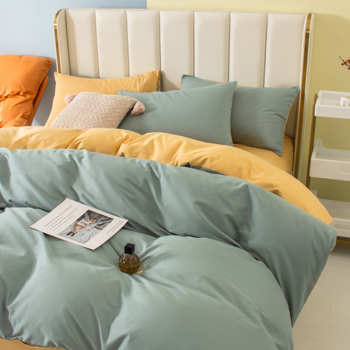 91家纺网 家纺一手货源 找家纺 柠萌2022新款全棉40支纯棉纯色双拼系列四件套 青色+浅黄
