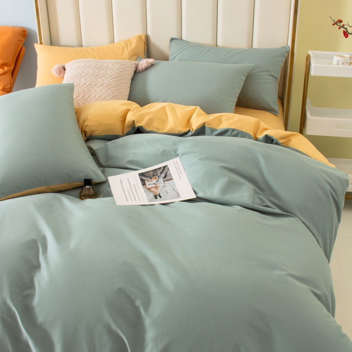 91家纺网 家纺一手货源 找家纺 柠萌2022新款全棉40支纯棉纯色双拼系列四件套 青色+浅黄