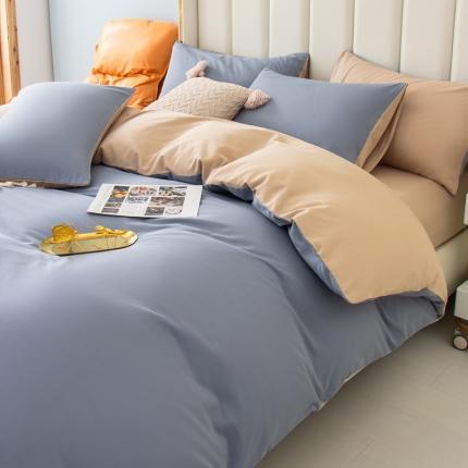 91家纺网 家纺一手货源 找家纺 柠萌2022新款全棉40支纯棉纯色双拼系列四件套 浅蓝+卡其