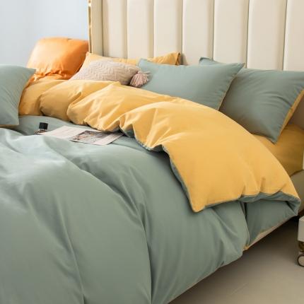 91家纺网 家纺一手货源 找家纺 柠萌2022新款全棉40支纯棉纯色双拼系列四件套 青色+浅黄