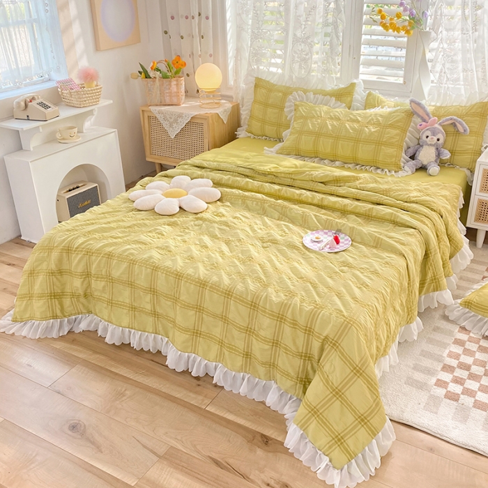 91家纺网 家纺一手货源 找家纺 梦之岛 2022新款泡泡亲肤公主风夏被四件套 淡黄绿