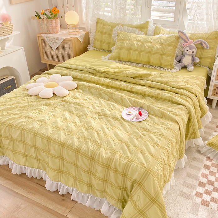 91家纺网 家纺一手货源 找家纺 梦之岛 2022新款泡泡亲肤公主风夏被四件套 淡黄绿