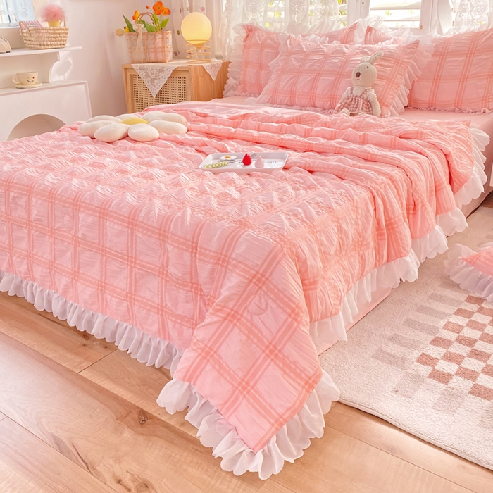 91家纺网 家纺一手货源 找家纺 梦之岛 2022新款泡泡亲肤公主风夏被四件套 蜜桃粉