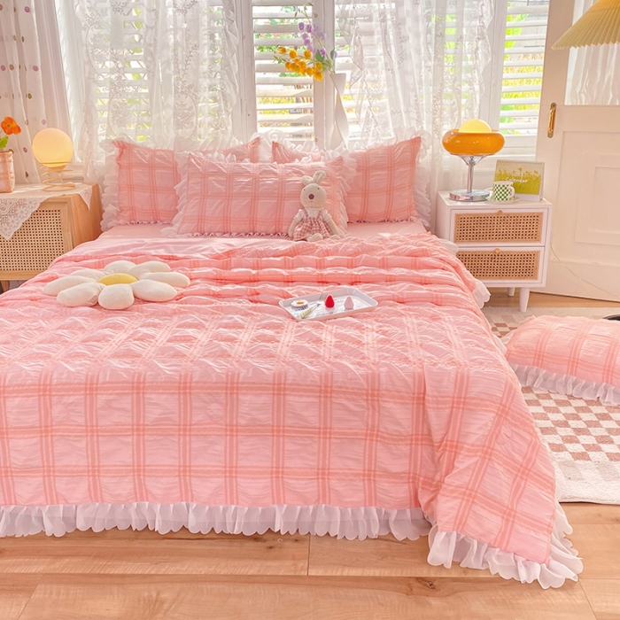 91家纺网 家纺一手货源 找家纺 梦之岛 2022新款泡泡亲肤公主风夏被四件套 蜜桃粉