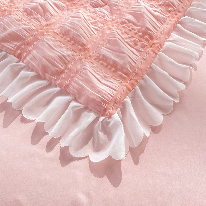 91家纺网 家纺一手货源 找家纺 梦之岛 2022新款泡泡亲肤公主风夏被四件套 蜜桃粉