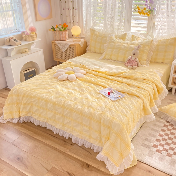 91家纺网 家纺一手货源 找家纺 梦之岛 2022新款泡泡亲肤公主风夏被四件套 奶油黄