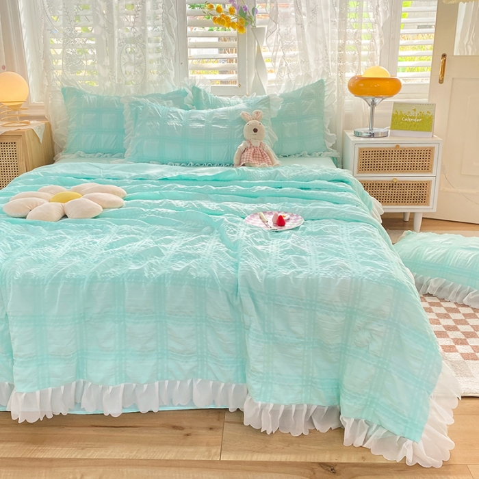 91家纺网 家纺一手货源 找家纺 梦之岛 2022新款泡泡亲肤公主风夏被四件套 浅水绿