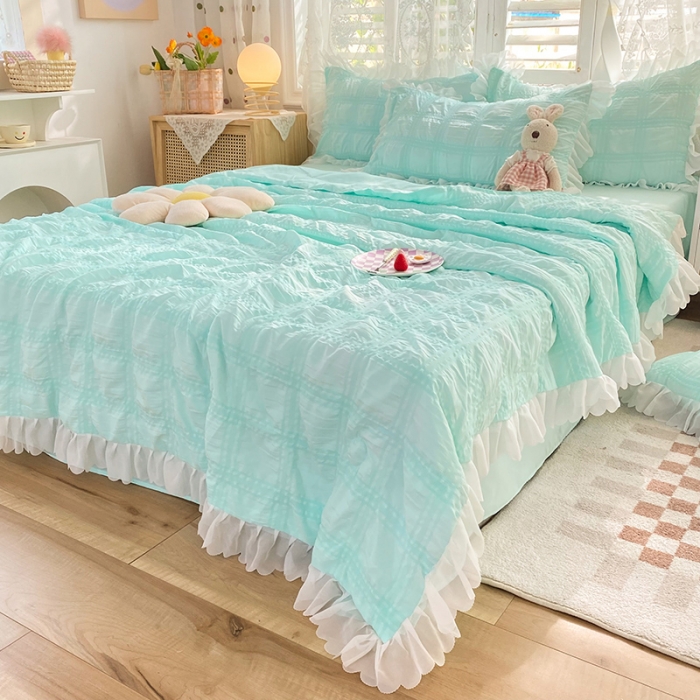 91家纺网 家纺一手货源 找家纺 梦之岛 2022新款泡泡亲肤公主风夏被四件套 浅水绿